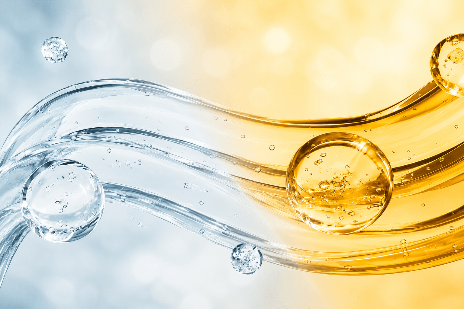 Abstract flowing water and golden oil with suspended bubbles, illustrating the contrast between water-based and oil-based formulations