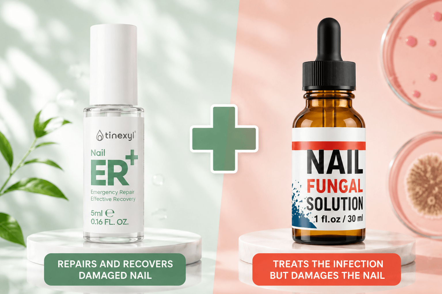 Nail ER+ nail repair treatment alongside an antifungal solution, showing their complementary roles in repairing damaged nails and treating fungal infection