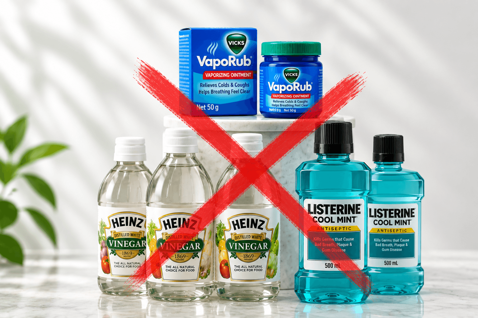 Vicks VapoRub, white vinegar and Listerine crossed out to show that home remedies do not effectively treat toenail fungus